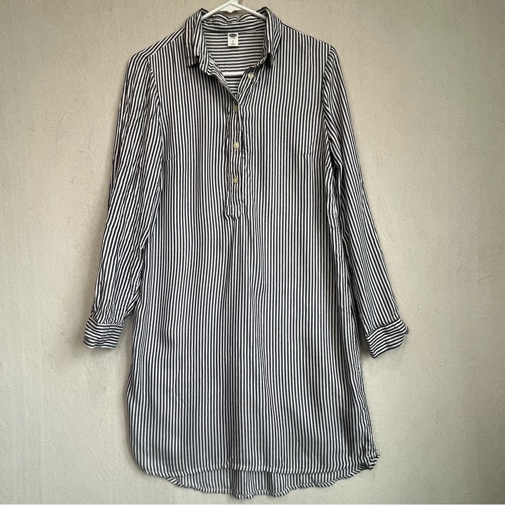 Old Navy Striped Popover Navy White Pinstriped Casual Shirt Dress Sz S Beach